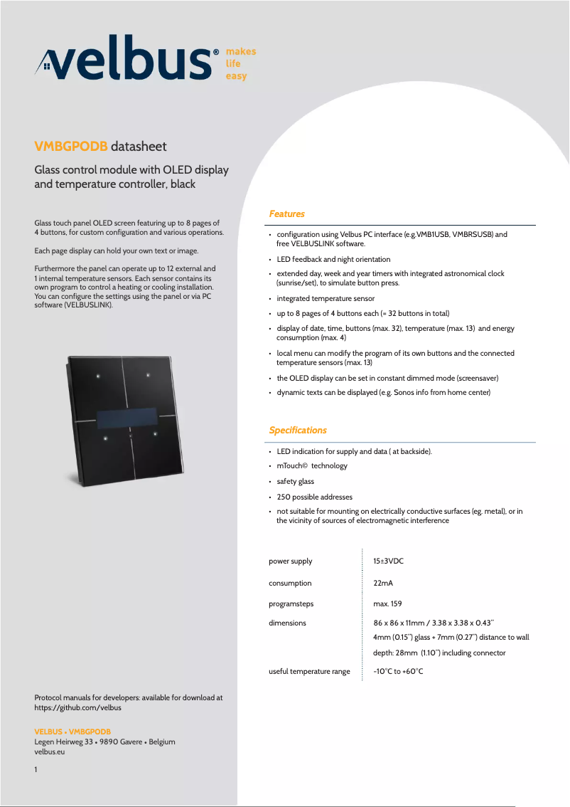 Page 1 de la notice Fiche technique Velbus VMBGPODB