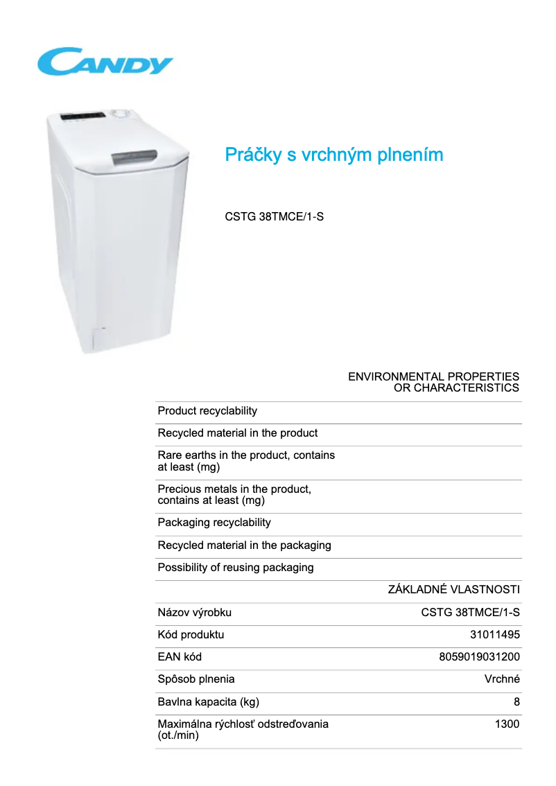 Page 1 de la notice Fiche technique Candy CSTG 38TMCE/1-S