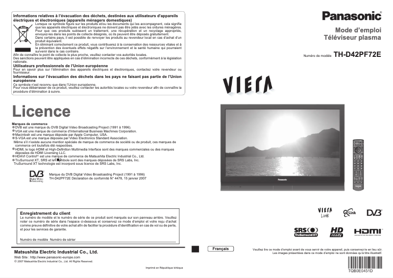 Page 1 de la notice Manuel utilisateur Panasonic Viera TH-D42PF72F