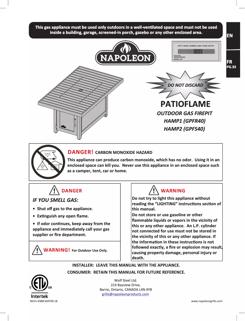 Page 1 de la notice Manuel utilisateur Napoleon HAMP2-GY