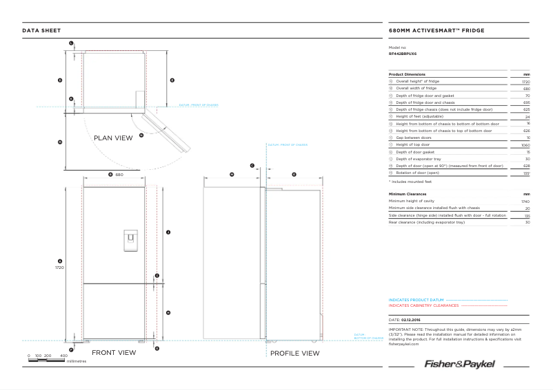 Page 1 de la notice Fiche technique Fisher & Paykel RF442BRPUX6