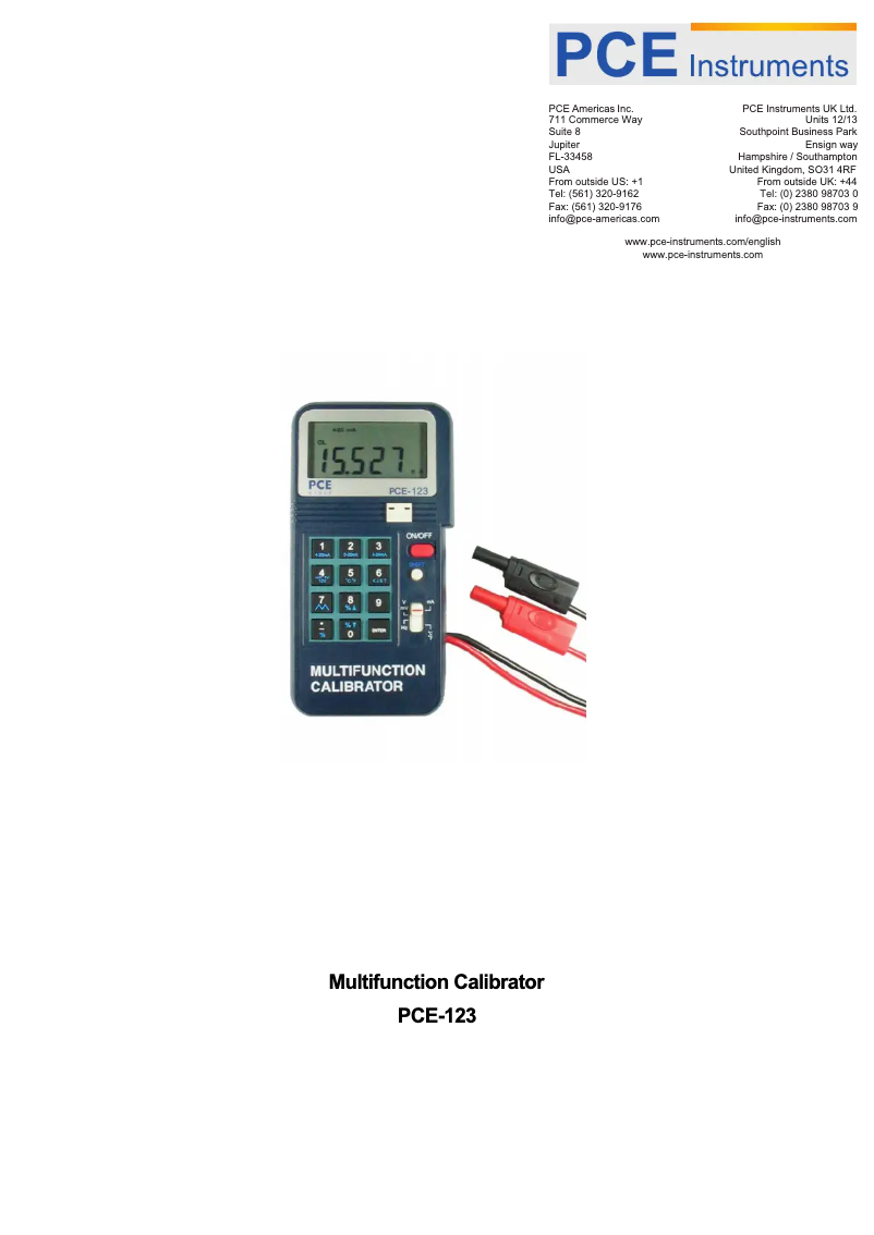Page 1 de la notice Manuel utilisateur PCE Instruments PCE-123