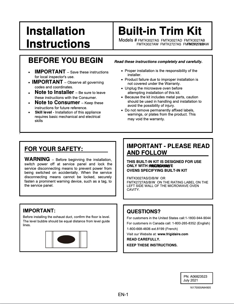 Page 1 de la notice Manuel utilisateur Frigidaire FMTK2727AS