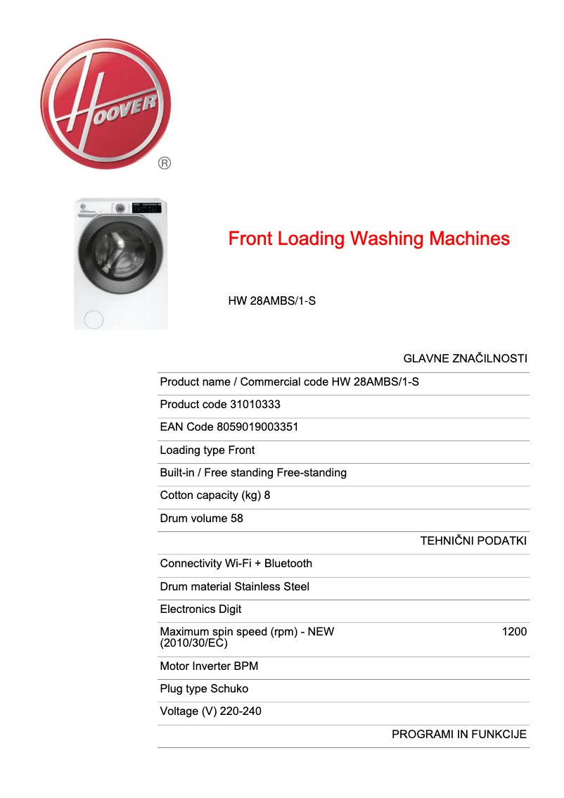 Page 1 de la notice Fiche technique Hoover H-WASH 500 HW 28AMBS/1-S