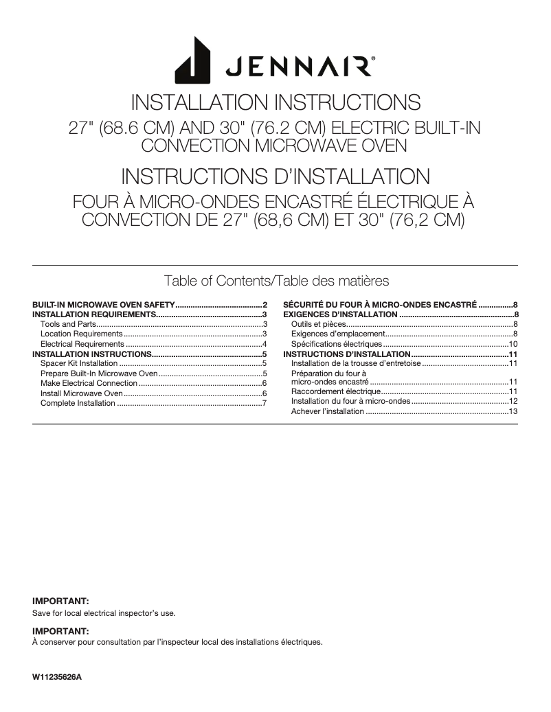 Page 1 de la notice Guide d'installation JennAir JMC2430LL