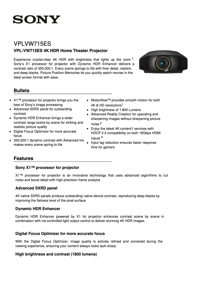 Page 1 de la notice Fiche technique Sony VPL-VW715ES