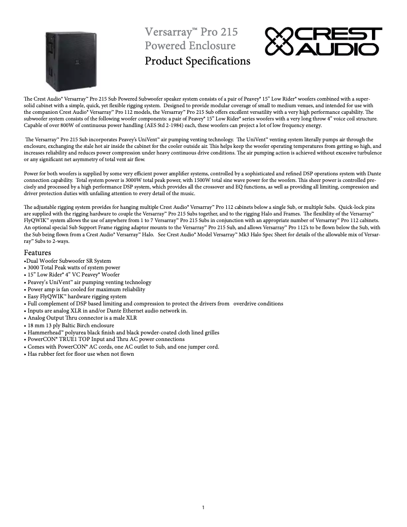 Page 1 de la notice Manuel utilisateur Crest Audio Versarray PRO 215