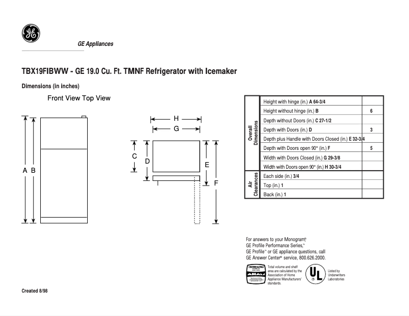 Page 1 de la notice Fiche technique GE TBX19FIBWW