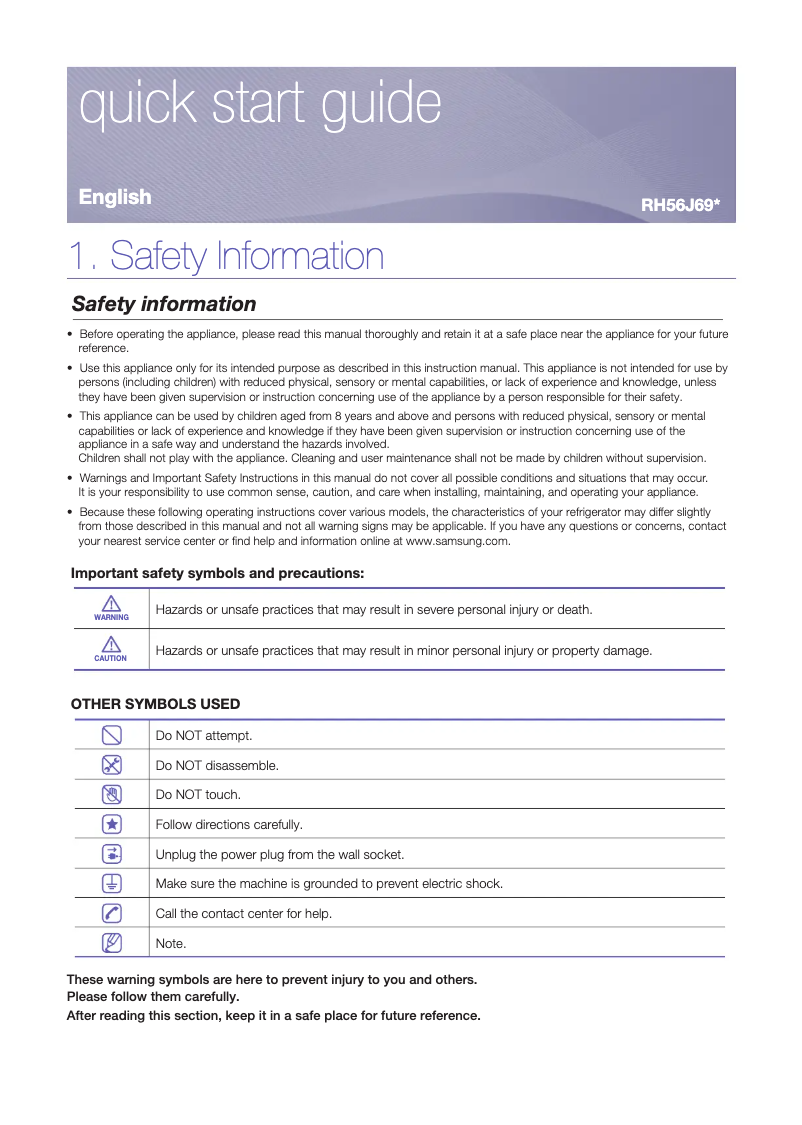 Page 1 de la notice Guide d'installation Samsung RH56J6907SL