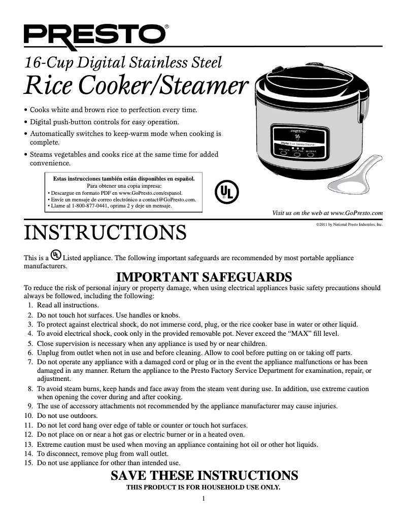 Page 1 de la notice Manuel utilisateur Presto 05813