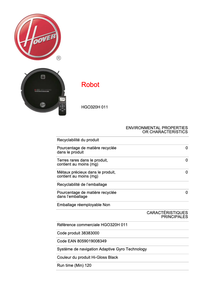 Page n°1 - Fiche technique Hoover H-GO 300 HYDRO HGO320H 011