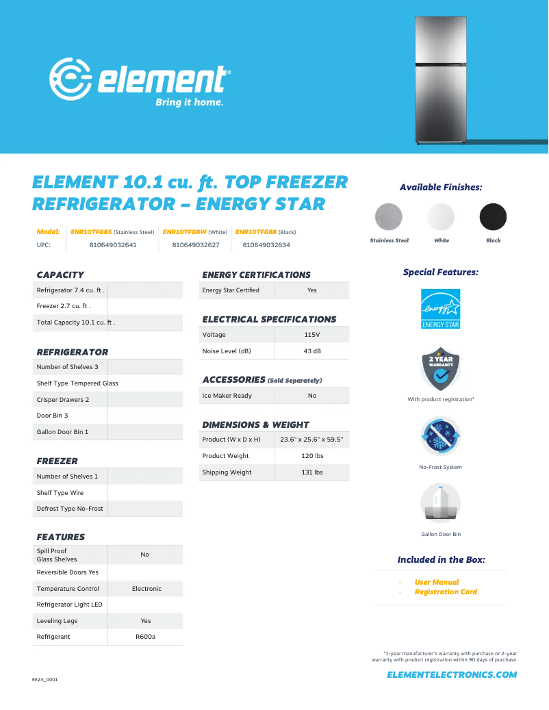 Page 1 de la notice Fiche technique Element ENR10TFGBS