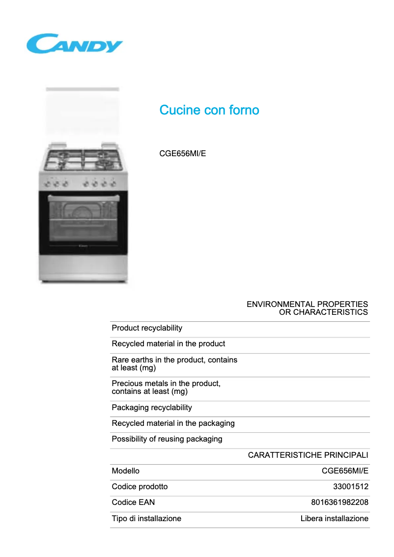 Page n°1 - Fiche technique Candy CGE656MI/E