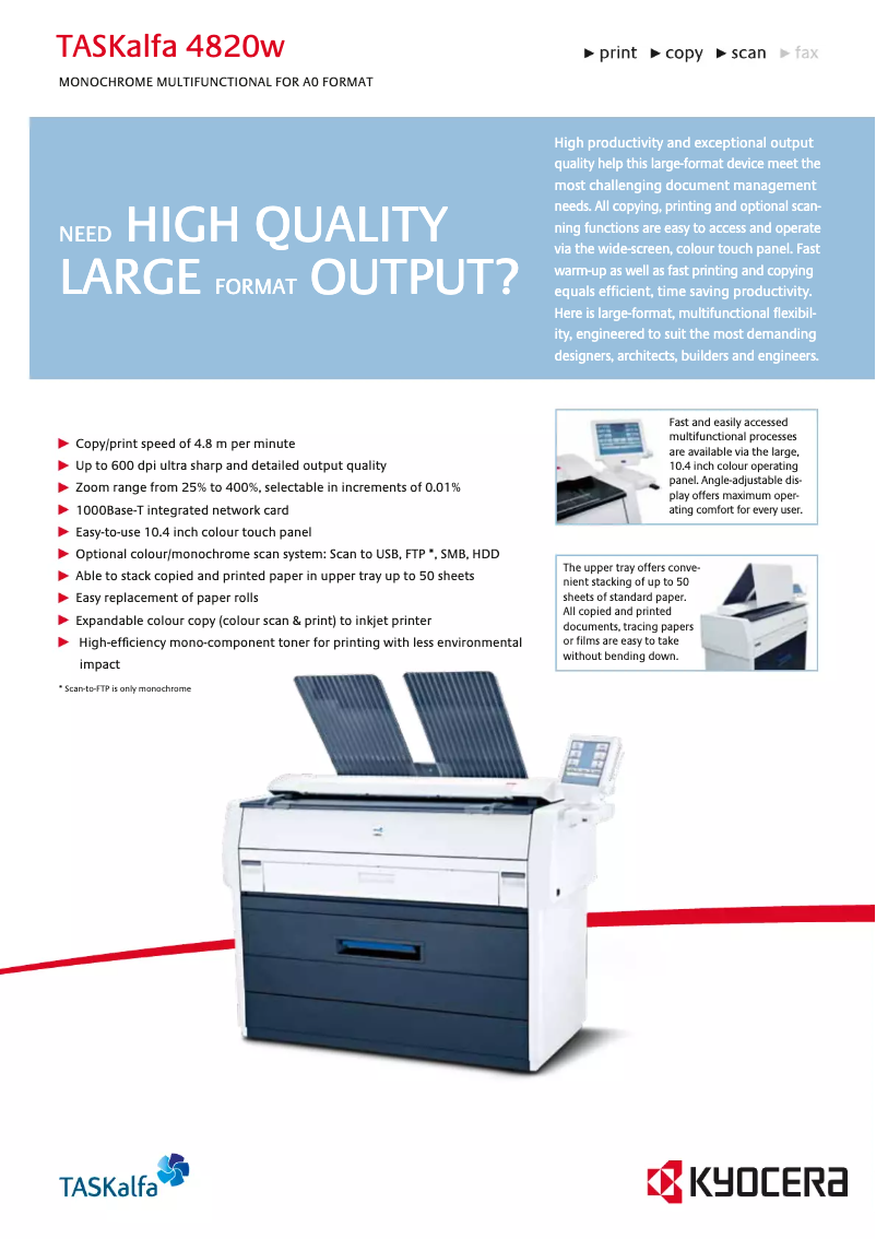 Page 1 de la notice Fiche technique Kyocera TASKalfa 4820w