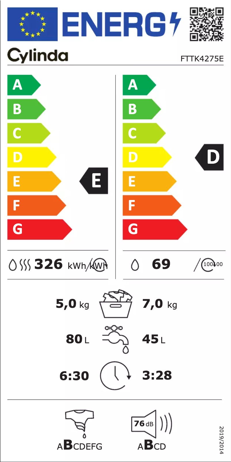 Page 1 de la notice Label énergétique Cylinda FTTK 4275E Vit