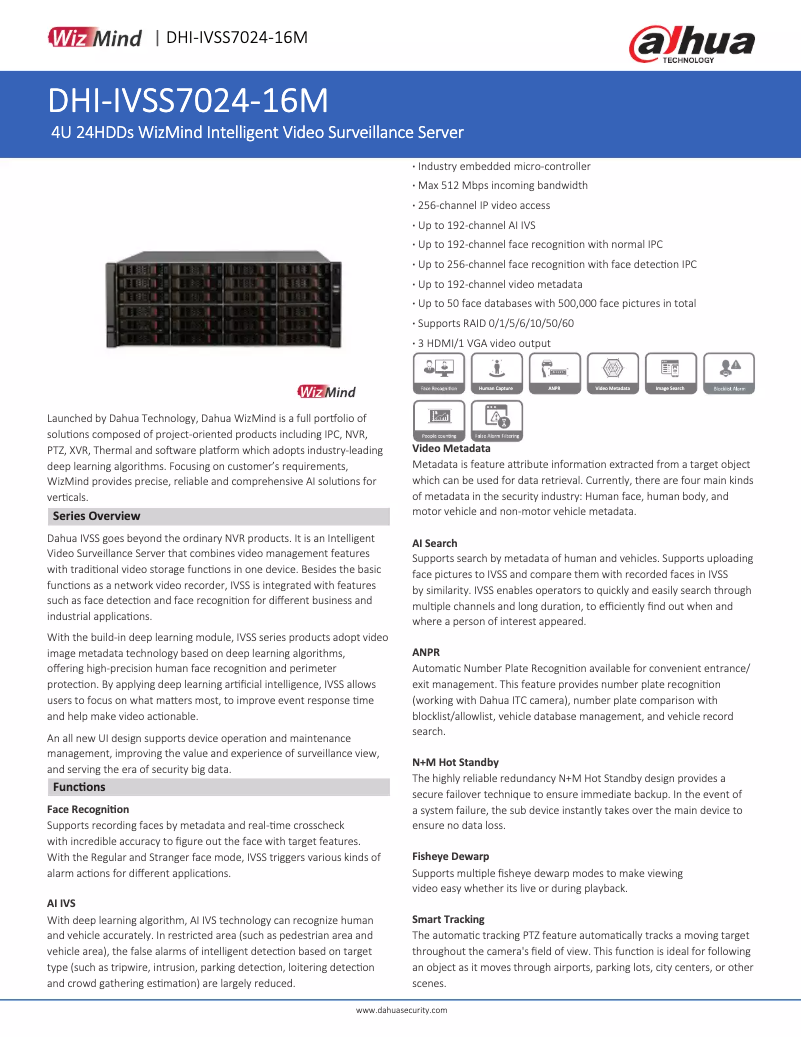 Page 1 de la notice Fiche technique Dahua Technology IVSS7024-16M