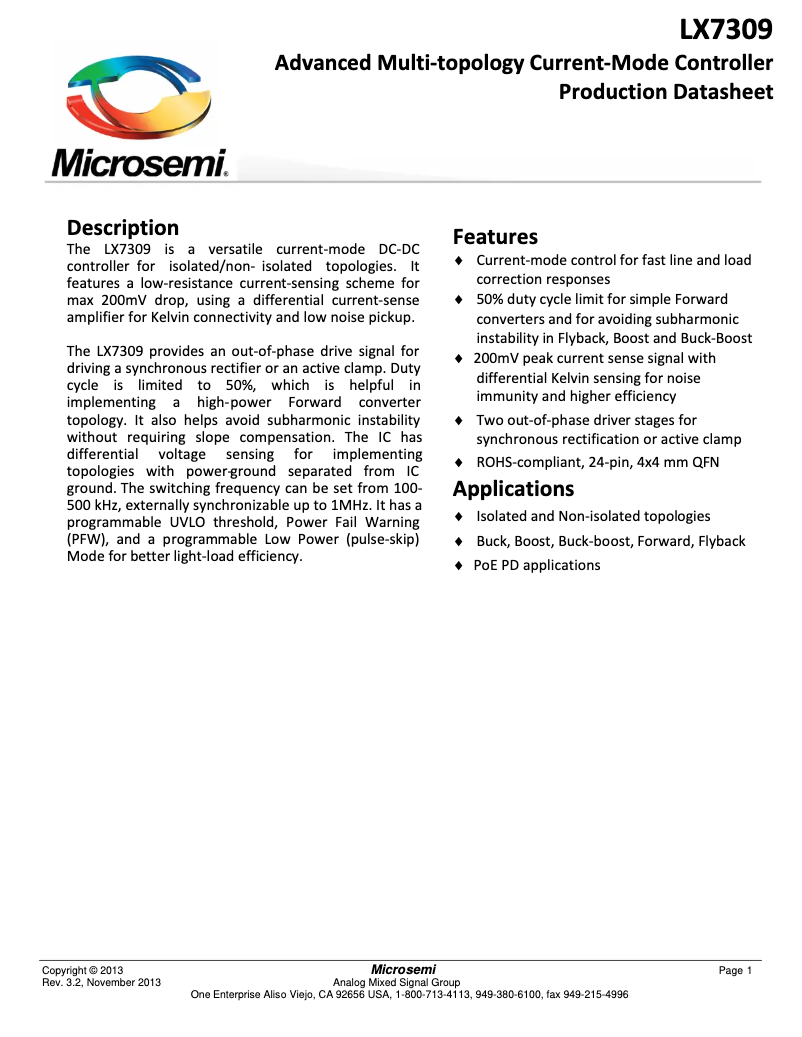 Página 1 del manual Ficha técnica Microchip LX7309