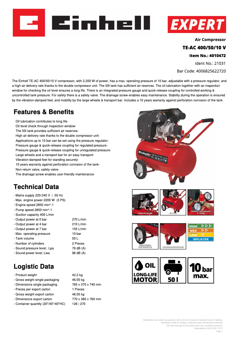 Page n°1 - Fiche technique Einhell TE-AC 400/50/10