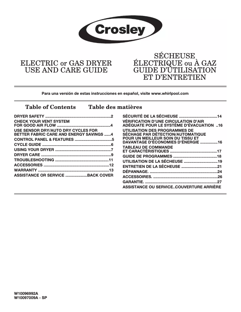 Page 1 de la notice Manuel utilisateur Crosley CGD147SDW