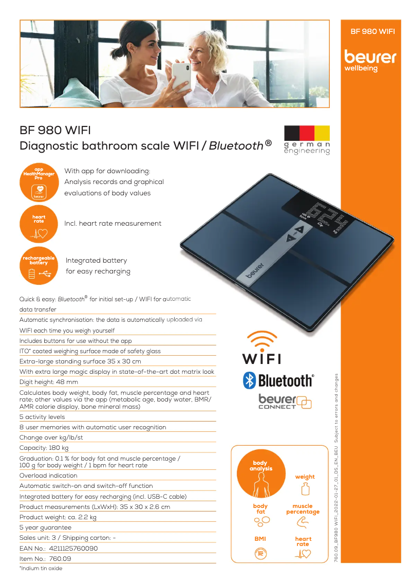 Page 1 de la notice Fiche technique Beurer BF 980