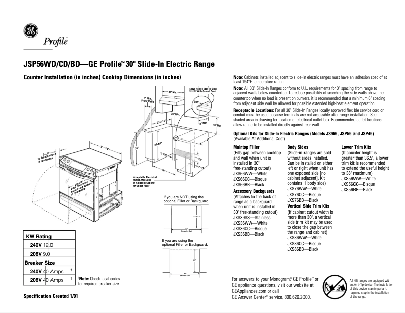 Page n°1 - Fiche technique GE Profile JSP56CDCC