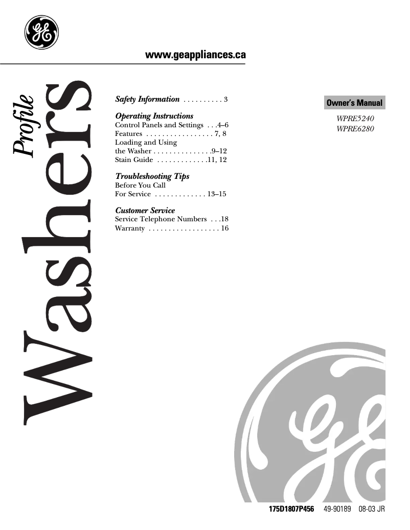 Image de la première page du manuel de l'appareil WPRE5240EWW