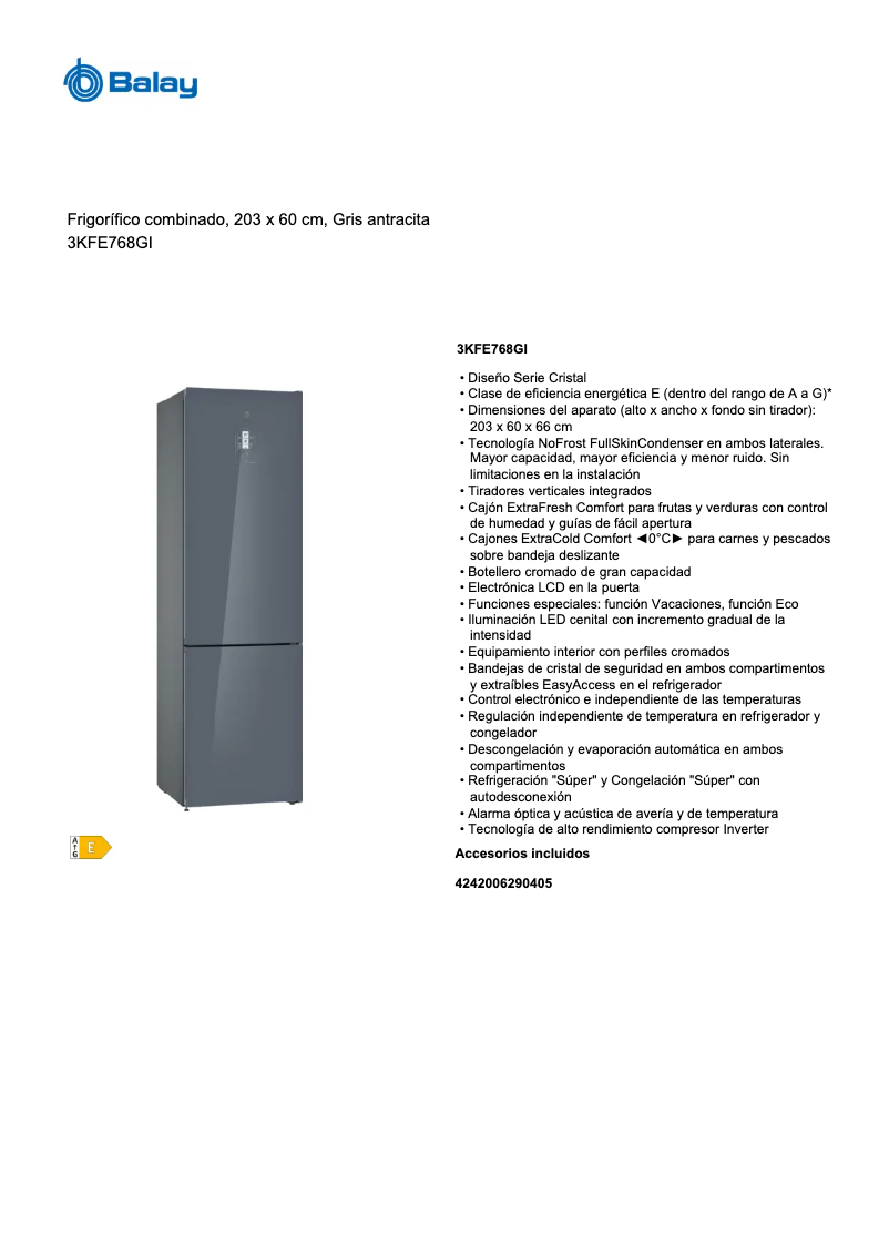 Page 1 de la notice Fiche technique Balay 3KFE768GI