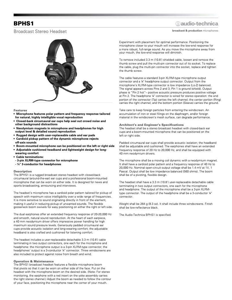 Página 1 del manual Manual de usuario Audio-Technica BPHS1