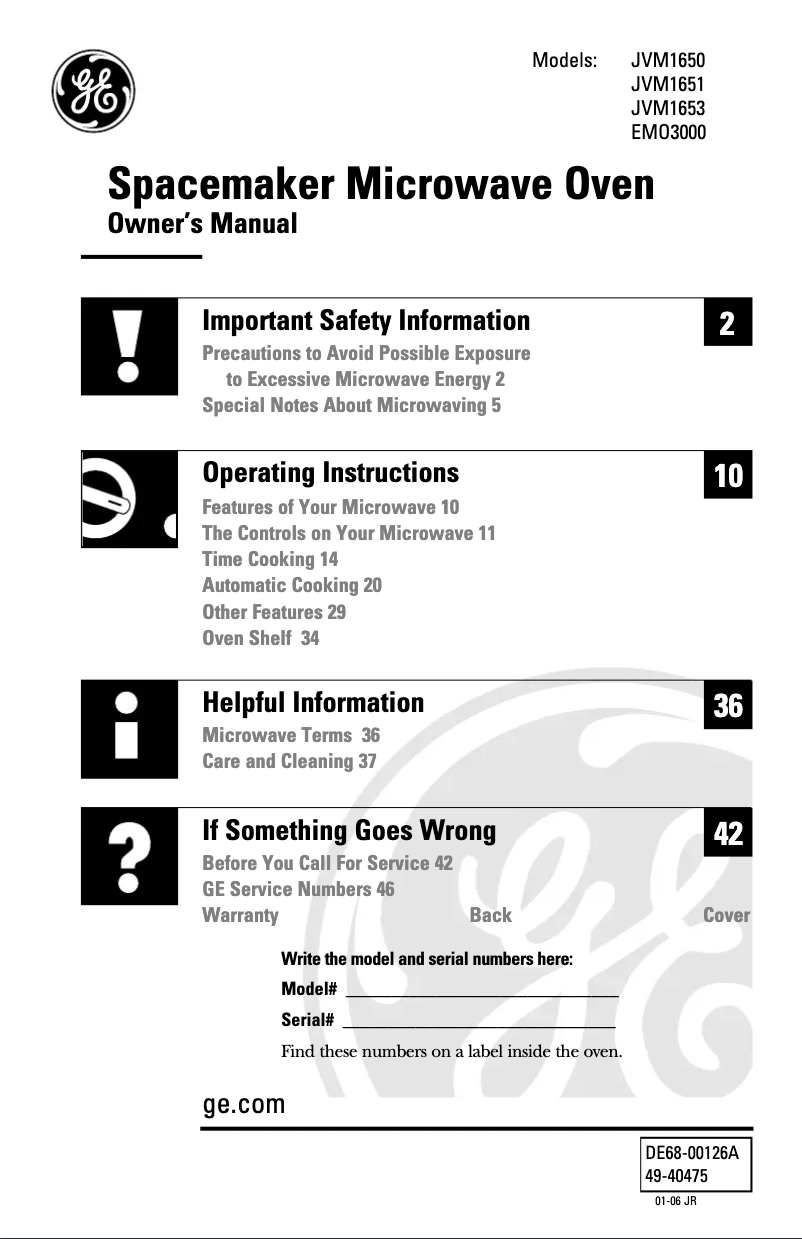 Page 1 of the manual Use and Maintenance Manual GE JVM1651SB
