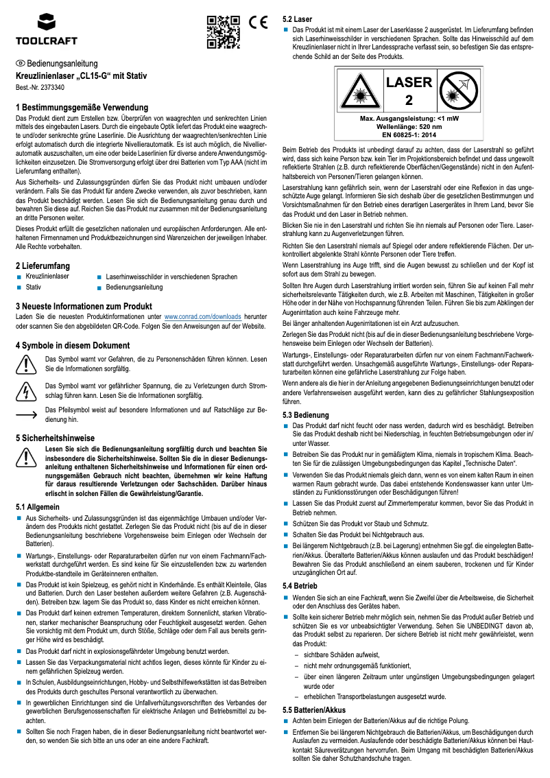 Page 1 de la notice Manuel utilisateur Toolcraft CL15-G