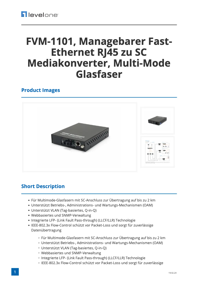 Page 1 de la notice Fiche technique LevelOne FVM-1101