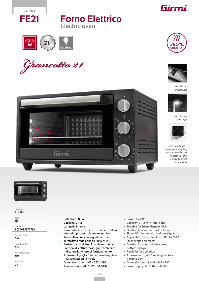 Page 1 de la notice Fiche technique Girmi FE21