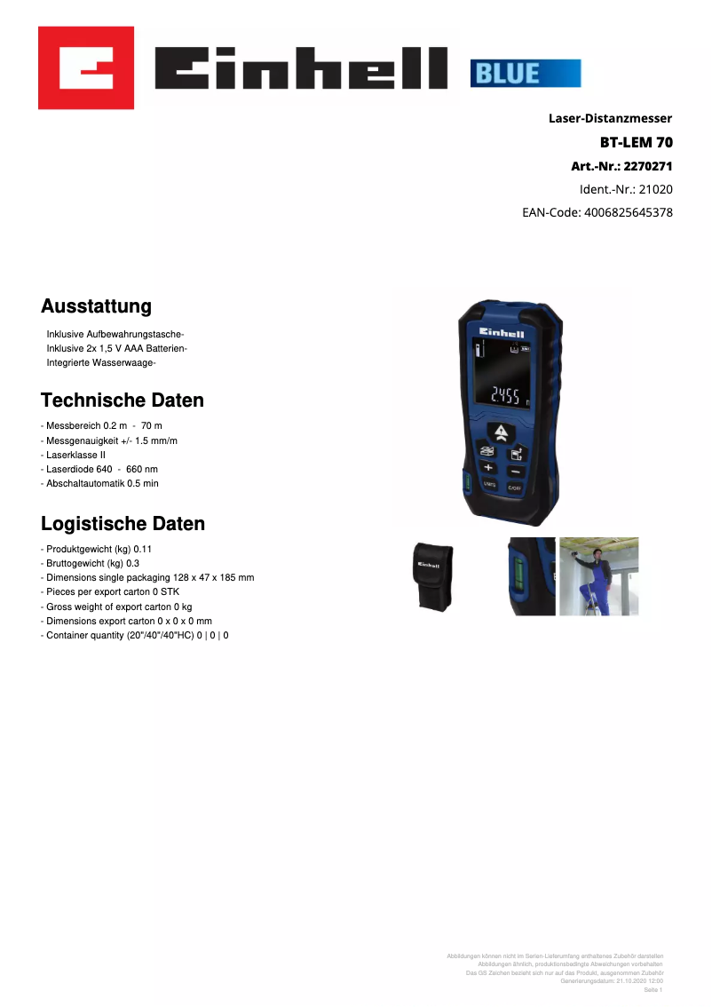 Page 1 de la notice Fiche technique Einhell BT-LEM 70