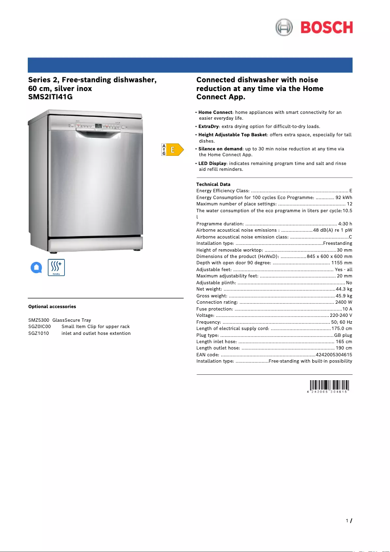 Page n°1 - Fiche technique Bosch Serie 2 SMS2ITI41G