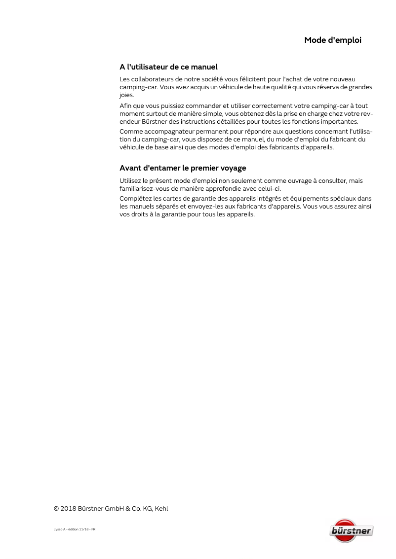 Page 1 de la notice Manuel utilisateur Bürstner Lyseo Time A (2018)