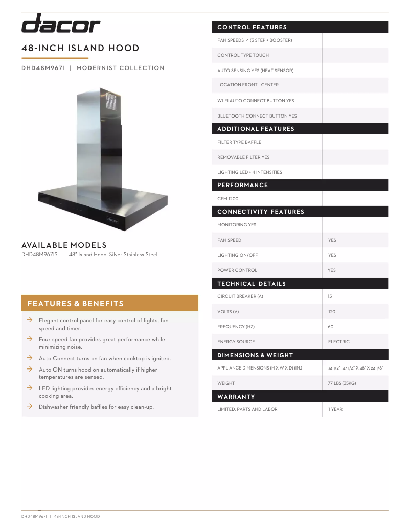 Page 1 de la notice Fiche technique Dacor DHD48M967IM