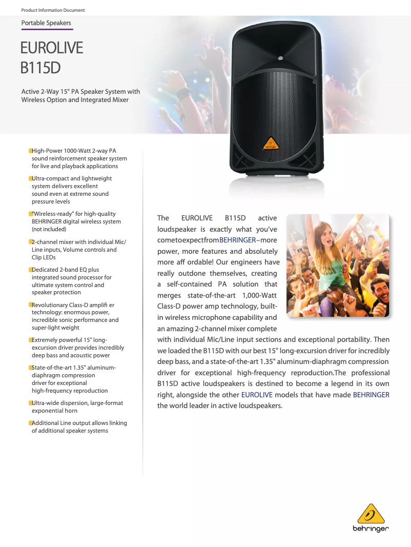 Page n°1 - Fiche technique Behringer Eurolive B115D