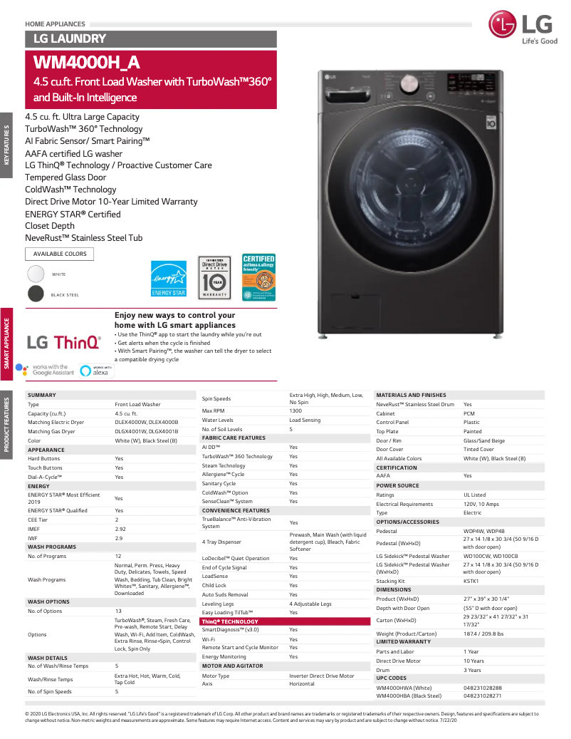 Page n°1 - Fiche technique LG WM4000HBA