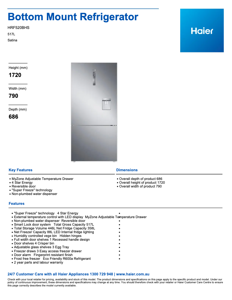 Page 1 de la notice Fiche technique Haier HRF520BHS