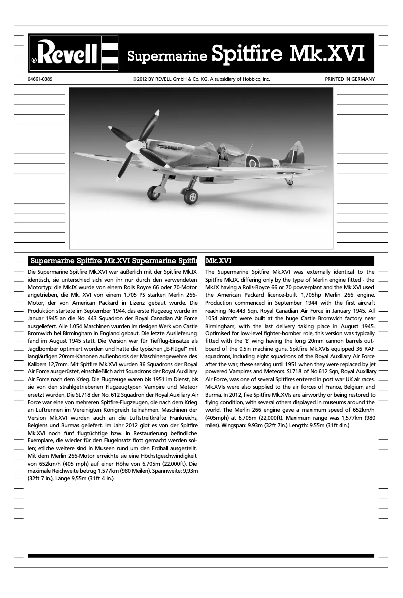 Page n°1 - Manuel utilisateur Revell Spitfire Mk.XVI