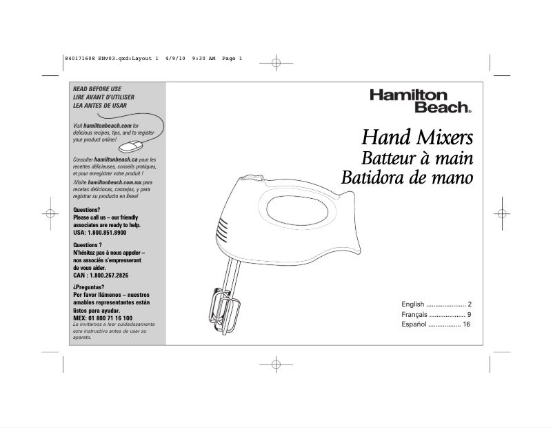 Page 1 de la notice Manuel utilisateur Hamilton Beach 62650