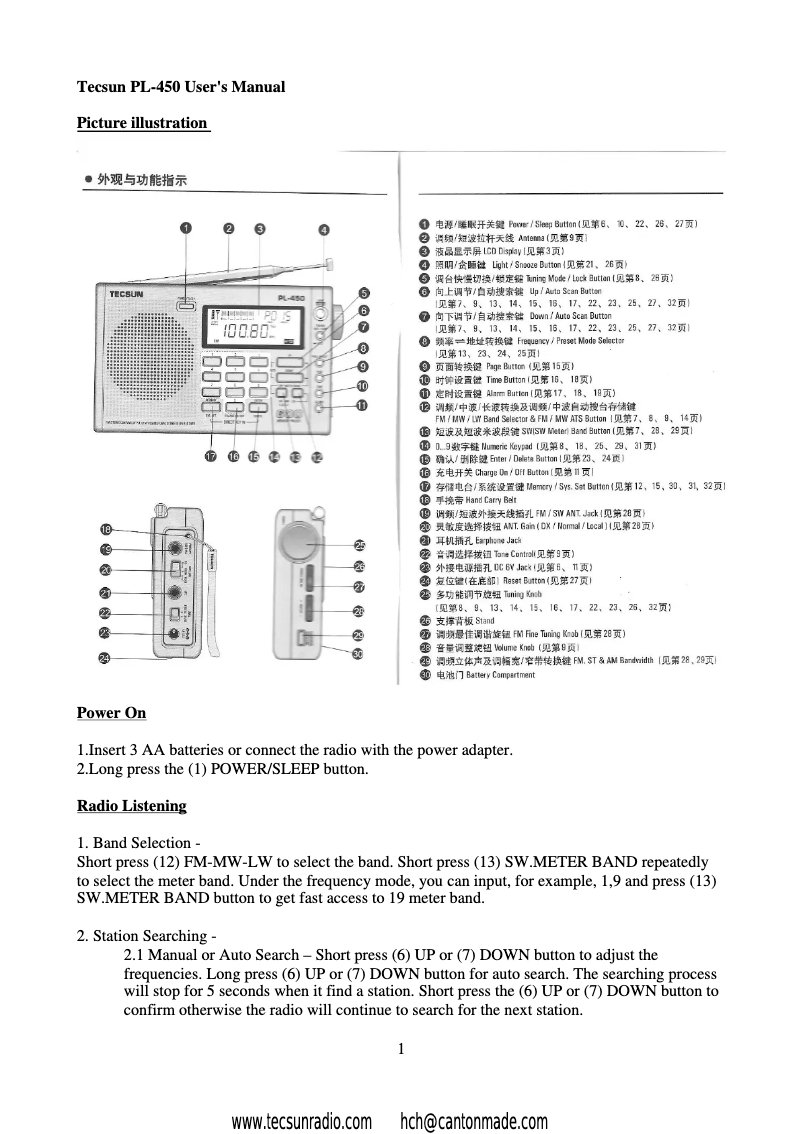 Page 1 de la notice Manuel utilisateur Tecsun PL450