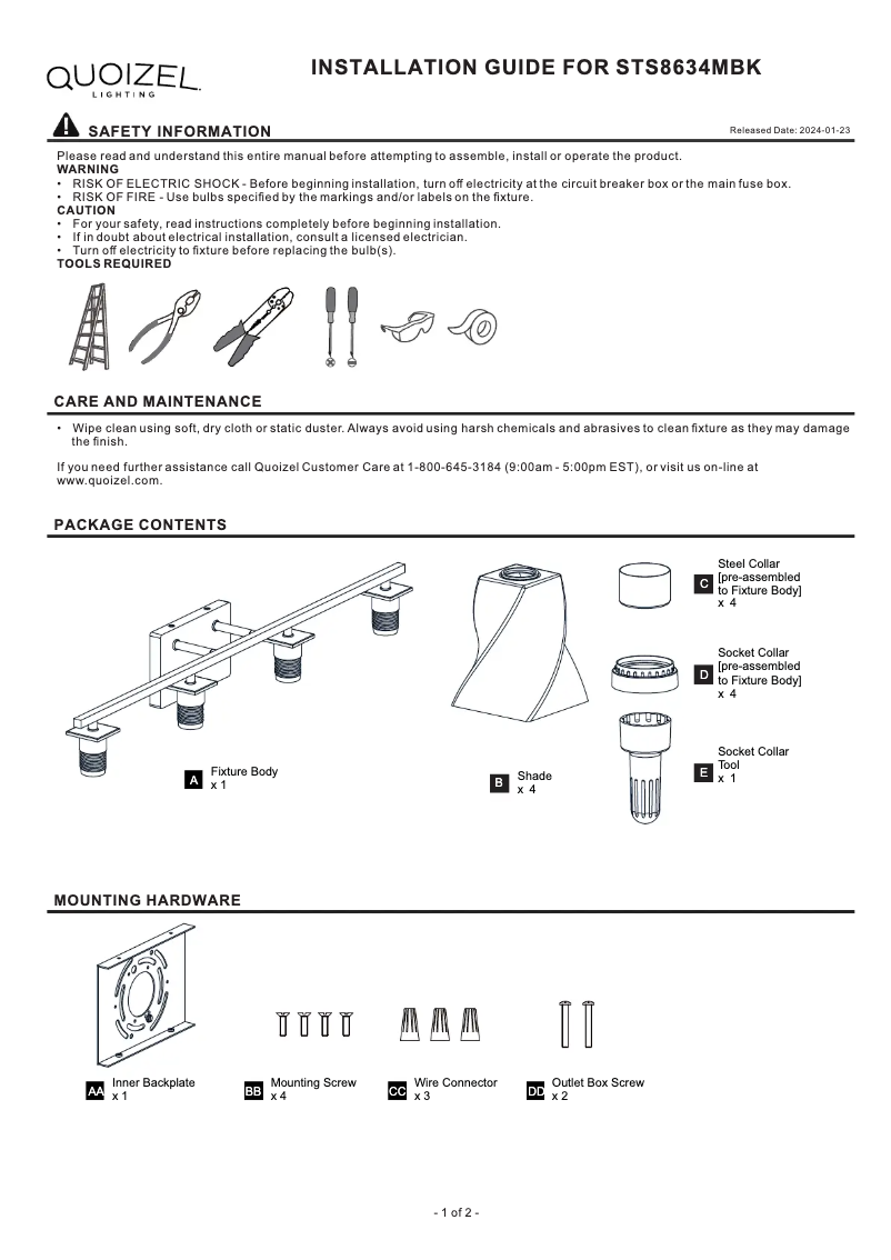 Page 1 de la notice Manuel utilisateur Quoizel Stetson STS8634MBK