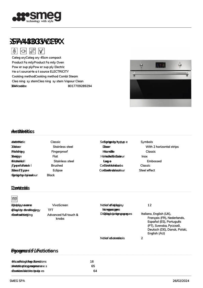 Page n°1 - Fiche technique Smeg SFA4303VCPX