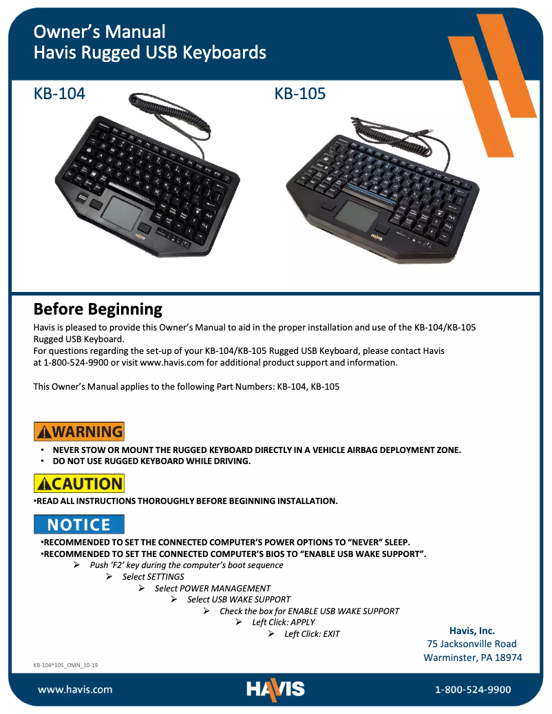 Page 1 de la notice Manuel utilisateur Havis KB-105