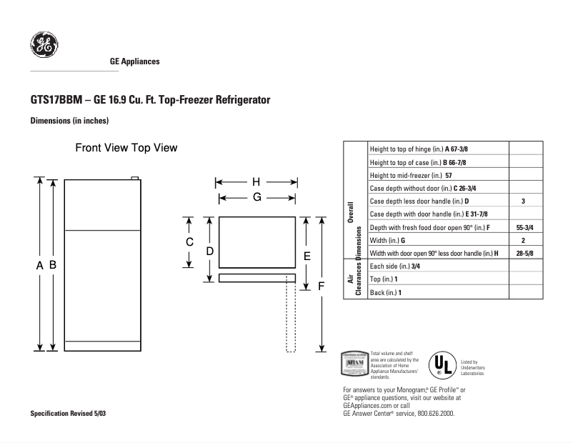 Page 1 de la notice Fiche technique GE GTS17BBMLCC