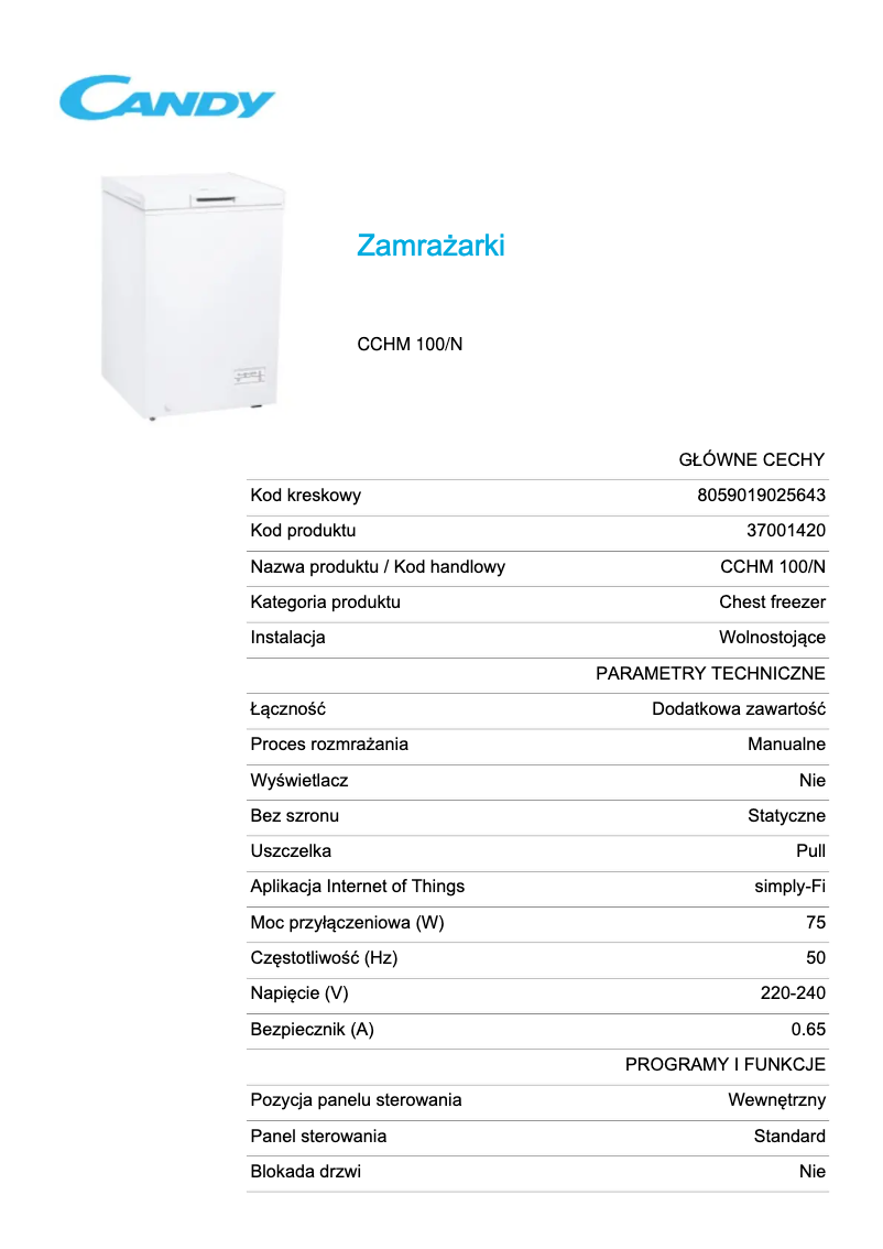 Page 1 de la notice Fiche technique Candy CCHM 100/N