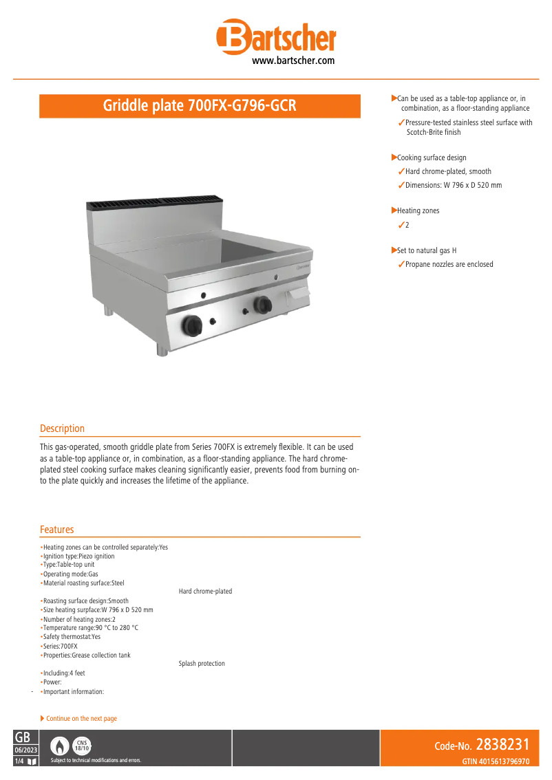 Page n°1 - Fiche technique Bartscher 700FX-G796-GCR