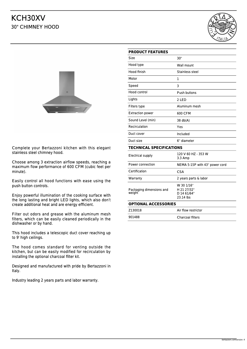 Page n°1 - Fiche technique Bertazzoni KCH30XV
