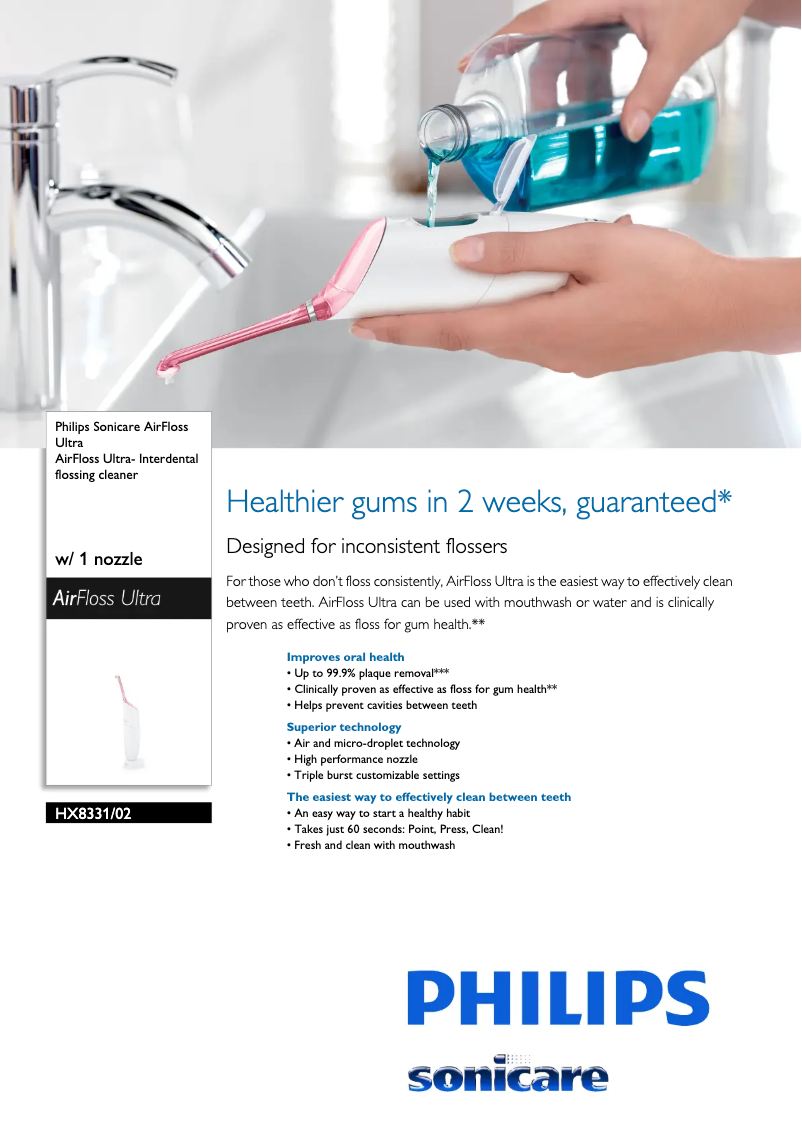 Page 1 de la notice Fiche technique Philips Sonicare AirFloss Ultra HX8331